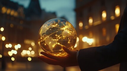 Fototapeta premium Global connection, city night, glowing orb, businessman's hands, worldwide network