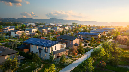 Obraz premium A solar-powered residential neighborhood featuring homes with solar panels on every roof, designed to reduce environmental impact and promote sustainable living.A solar-powered residential neighborhoo