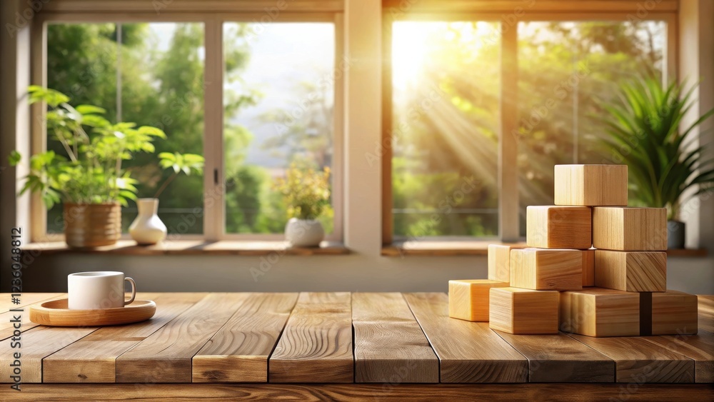 Aufkleber a wooden tabletop with a cup of coffee and a stack of wooden blocks in front of a window with a view