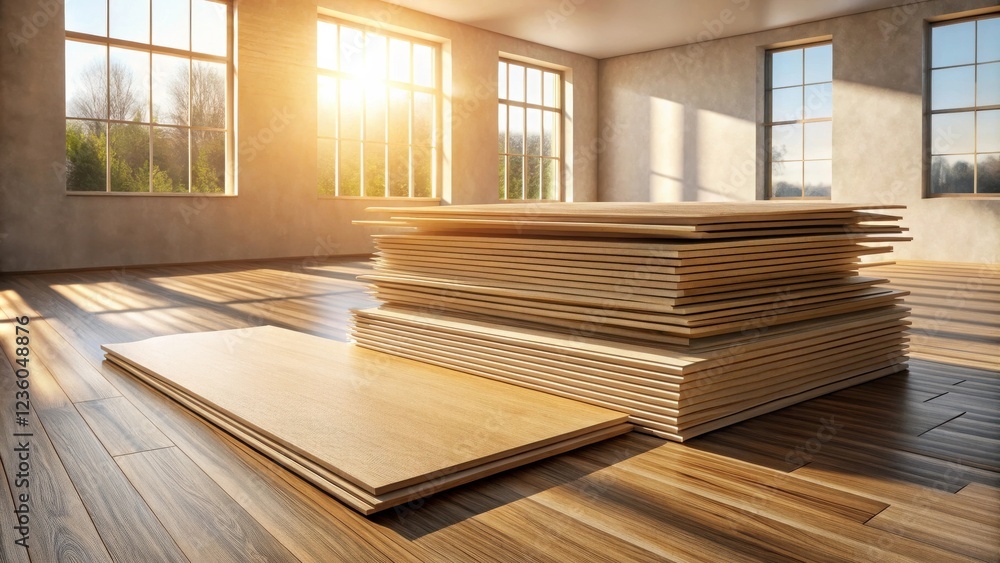 Aufkleber sunlight streams through windows illuminating a stack of wood planks on a newly installed wooden flo