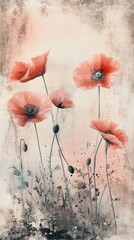 A dreamy vintage watercolor of poppies swaying gently, their soft red tones blending into a muted, textured background.