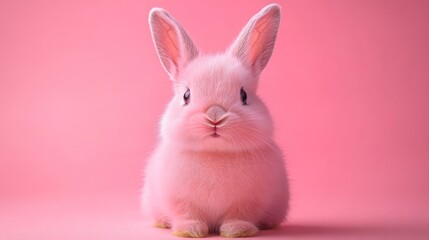 Obraz premium Pink bunny sits, pink background, Easter