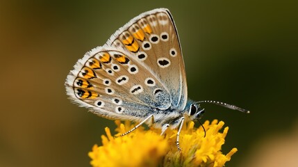 Fototapeta premium Blue Butterfly on Yellow Flower Macro Photography