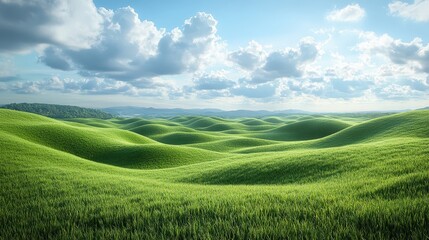 Obraz premium Scenic Landscape Showcasing Rolling Green Hills Under a Cloudy Sky with Soft Light and Vibrant Colors in a Serene Natural Setting