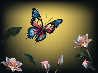 butterfly and flowers on yellow background