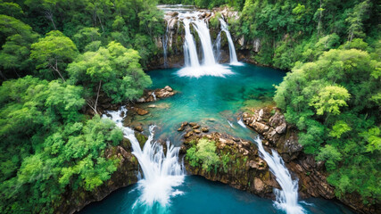 Obraz premium Aerial view of a waterfall in green mountains