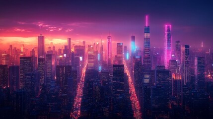 Obraz premium Futuristic Neon Cityscape at Night. Generative AI