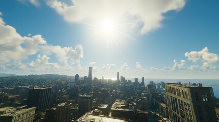 Sunny city skyline, coastal view, buildings, clouds, bright sun, aerial, urban, summer, day, landscape