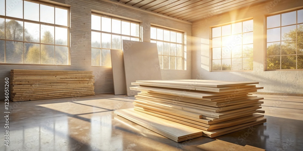 Poster sunlight streams through large windows illuminating a workshop space filled with stacks of wood plan