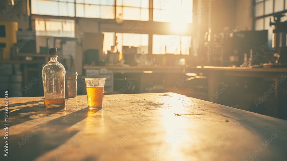 Poster glass bottles and a cup of beverage on a sunlit table in a workshop with tools in the background