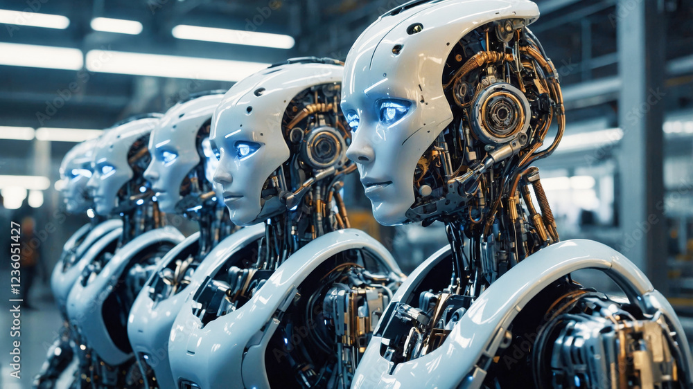 Poster futuristic sci-fi image depicting a row of humanoid robots in a factory