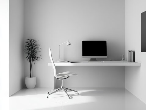 Minimalist workspace featuring white desk, chair, computer and plant, modern design studio or office