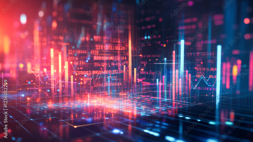 Poster abstract financial background with glowing stock charts and bar graphs