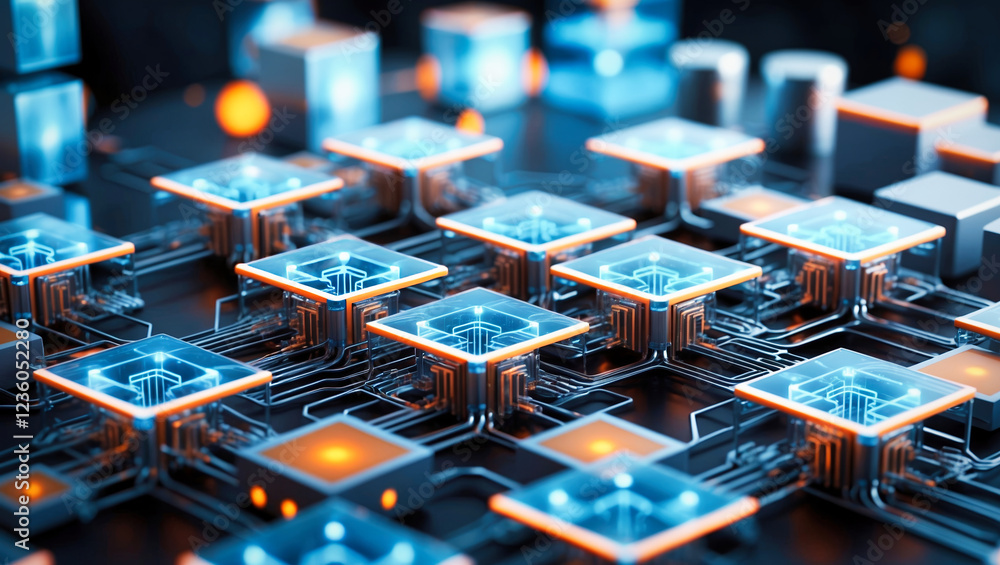 Poster interconnected transparent cubes in an abstract technology composition