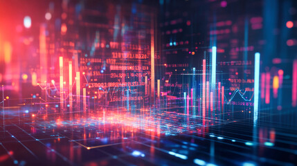 Abstract financial background with glowing stock charts and bar graphs