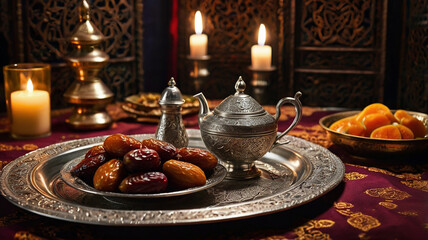 Naklejka premium Ramadan table setting, with tea and dates