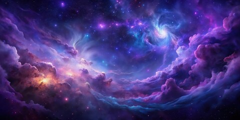 Cosmic decay in shades of indigo and violet, with swirling clouds of purple gas, set against a dark, starry night sky, broken universe abstract background, gravitational pull