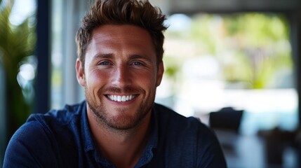 Obraz premium Happy man smiling, indoor portrait, blurred background, home
