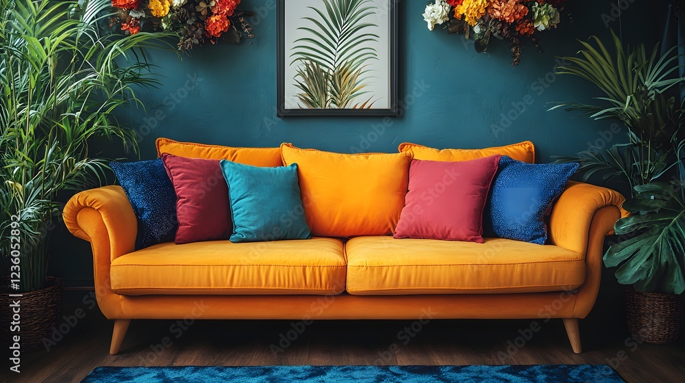 Aufkleber closeup of stylish sofa featuring bold cushions and bright flowers with a mockup poster frame positi