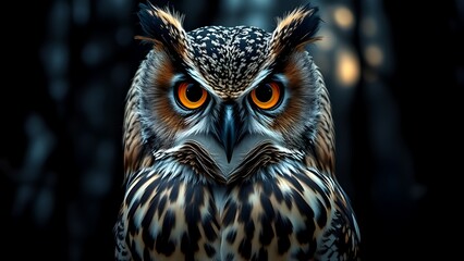 Obraz premium Intense Gaze of a Majestic Owl in a Dark Forest 