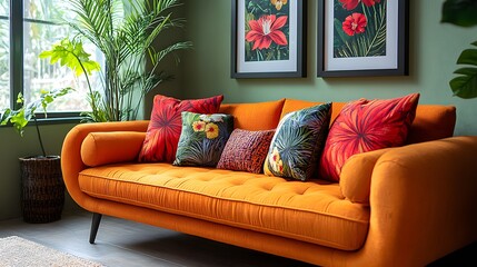 Closeup of stylish sofa featuring bold cushions and bright flowers with a mockup poster frame positioned next to the sofa seen from a low angle to emphasize texture and warmth in this inviting scene