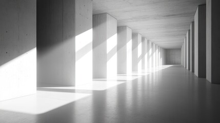 Fototapeta premium Sunlit concrete corridor, minimalist architecture, interior design, daytime