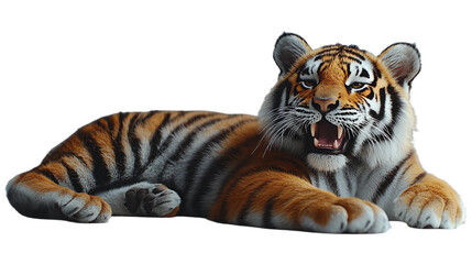 Obraz premium A majestic tiger lying isolated on white background. The tiger’s head is raised high, its mouth wide open, revealing sharp, menacing fangs, expressing hunger, dominance, and raw power. PNG file
