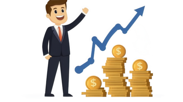 Merchants, coins and charts, arrows of growth