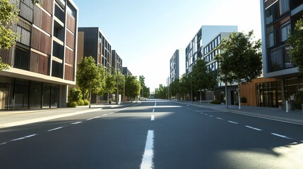 A street view of modern buildings on both sides with trees and a road in the middle