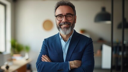 Fototapeta premium Smiling businessman office portrait, arms crossed, blurred background, professional headshot
