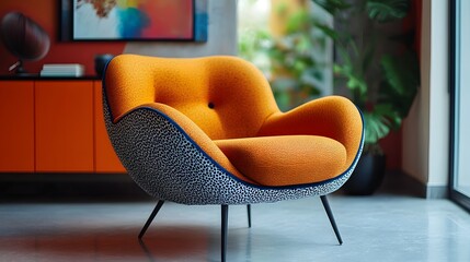 Closeup perspective of colorful Memphis design armchair against a bright backdrop with a chic console and artistic props showcasing the unique textures and playful aesthetics of this interior concept