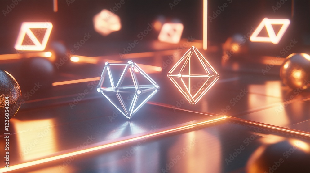 Poster abstract geometric scene featuring glowing wireframe shapes and metallic orbs on reflective surface