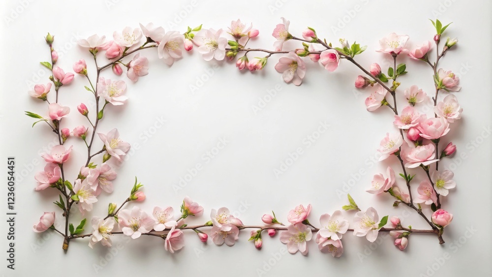 Aufkleber a delicate floral frame of soft pink blossoms arranged in a rectangle shape on a white background.
