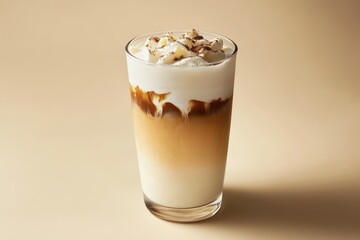 Creamy iced drink with a rich coffee base and whipped topping enjoyed in a cozy setting under soft lighting