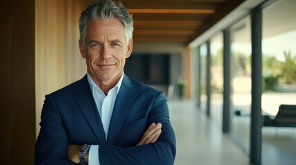 Fototapeta premium Confident businessman smiling, modern hallway, luxury home, business portrait
