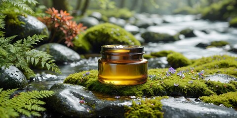 A jar of honey sitting on top of a moss covered rock.