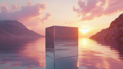 A hyperrealistic Mediterranean sunset with mountains and sea, soft pastel tones, and a reflective glass cube perfectly placed.