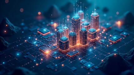 A decentralized finance (DeFi) ecosystem visualized as a futuristic city made of holographic coins, smart contracts, and glowing data streams, symbolizing the future of finance and blockchain tech