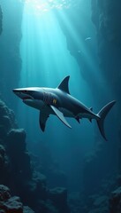 Fototapeta premium A majestic shark glides through clear blue waters, illuminated by sun rays. This captivating underwater scene is perfect for marine conservation or adventure-themed projects.