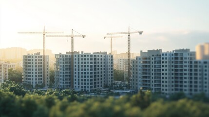 Fototapeta premium Sunrise urban construction cranes city buildings development