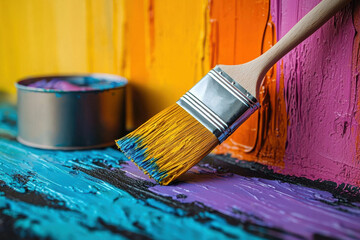 Fototapeta premium Vibrant paintbrush with colorful strokes on canvas