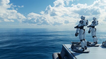 Humanoid robots conducting research on a floating research platform in the middle of an oceanic gyre, vast ocean environment with distant view of horizon and marine life