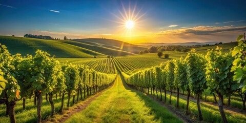 Fototapeta premium A vineyard path leads through rows of vines, bathed in the golden light of the setting sun, creating a picturesque landscape.