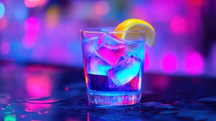 Neon-lit cocktail, ice, lemon, bar, night, party, drink, menu, advertising