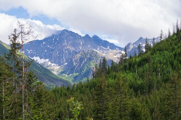 View of the peaks of the Tatra Mountains in Poland. Beautiful landscape with mountains and clouds.
