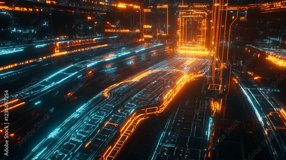 Poster abstract futuristic cityscape with glowing lines and intricate circuitry