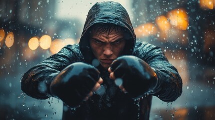 Boxer training, rain, city, night, focus, determination, urban, strength, power, advertisement
