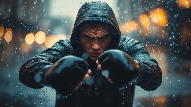 Boxer training, rain, city, night, focus, determination, urban, strength, power, advertisement