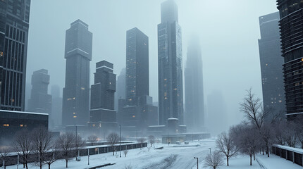 Fototapeta premium Cold winter with heavy snow of a futuristic city with skyscraper buildings.