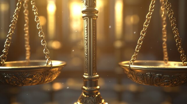 Golden scales of justice in courtroom, sunlight